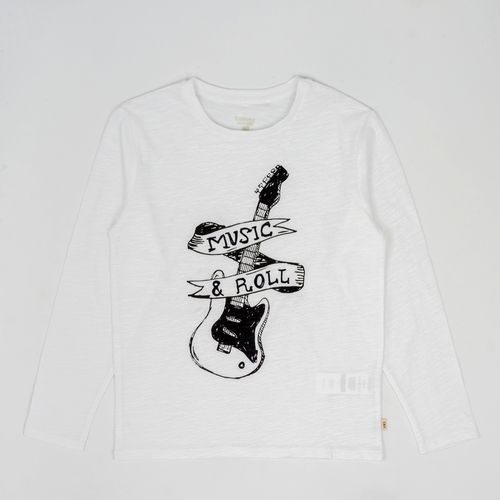 Polo estampado de guitarra y texto afelpado blanco