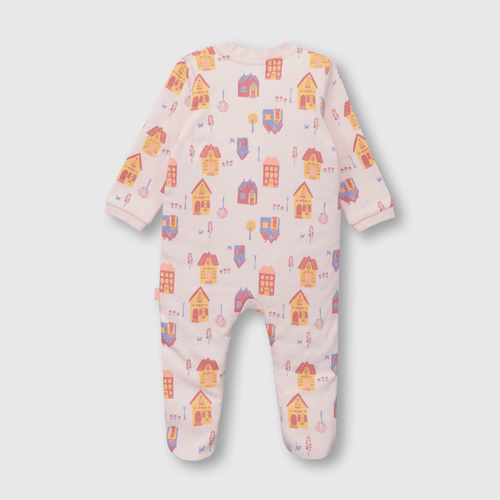 Pijama de bebé niña enterito de algodón casitas rosado