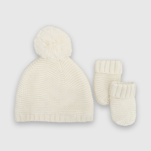 Gorro de bebé niña de lana con mitones off white
